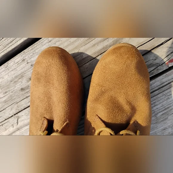 Wedge MERONA Ankle Boots Women's Sz 9 Lace Up 3.5" Heels Tan Faux Leather - Picture 4 of 14